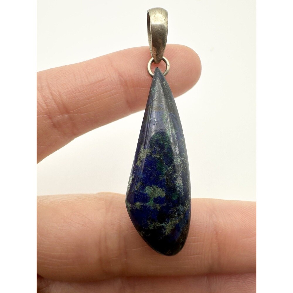 Vintage Azurite Malachite Pendant Teardrop Silver Tone